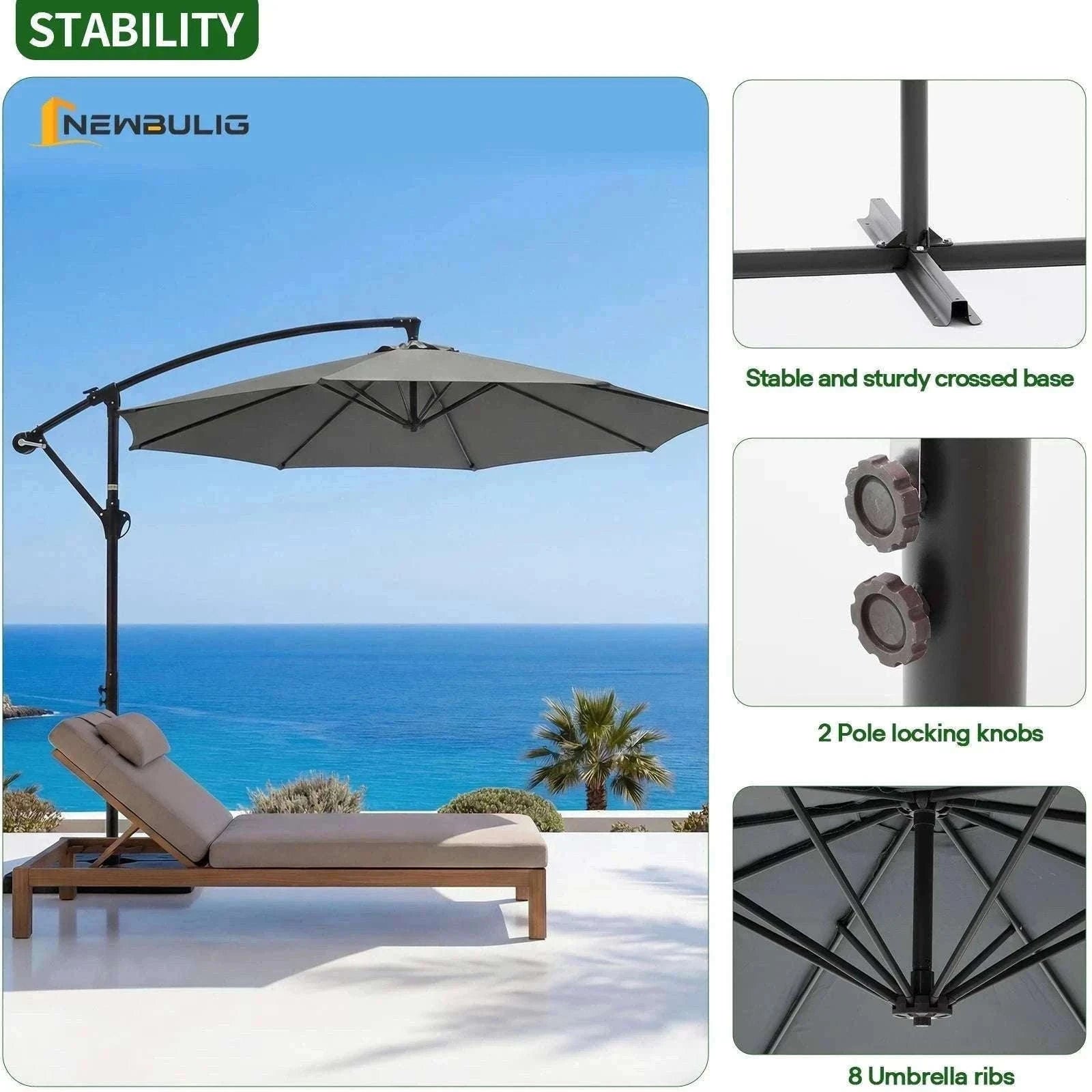 9.8FT Offset Patio Umbrella with Base & Tilt UV Protection Shade-GRAY / United States