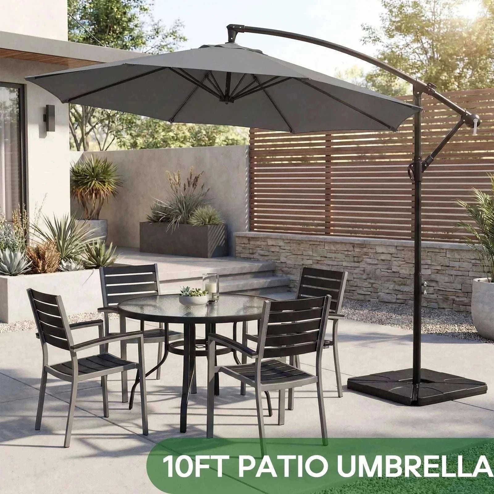 9.8FT Offset Patio Umbrella with Base & Tilt UV Protection Shade-GRAY / United States