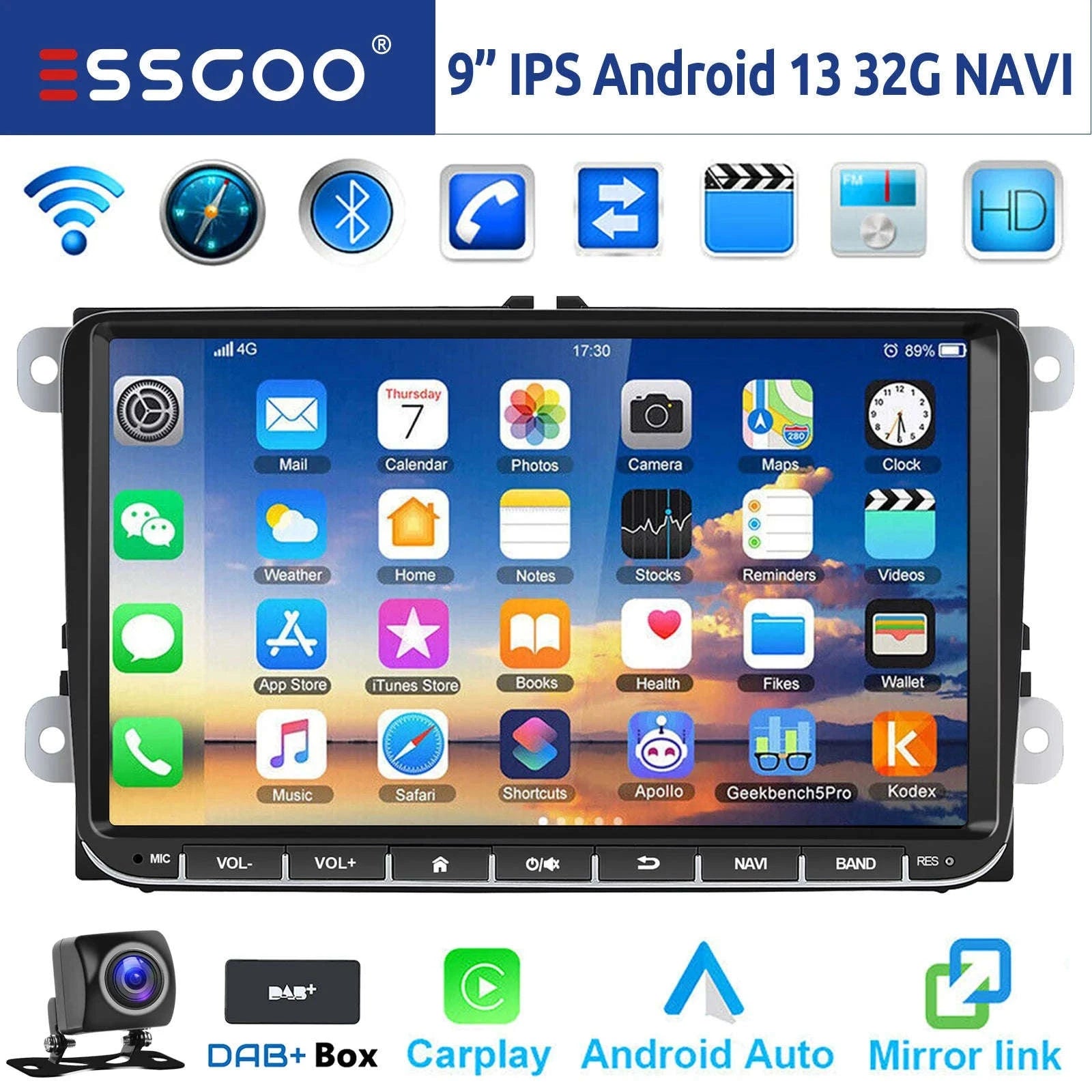 9" Android 14 4G+64G Wireless Carplay Car Stereo GPS NAVI WIFI RDS FM BT EQ for VW Golf 5 6 Passat Polo Touran Tiguan Caddy EOS-1-32 Carplay AHD Cam / United States / Quad Core