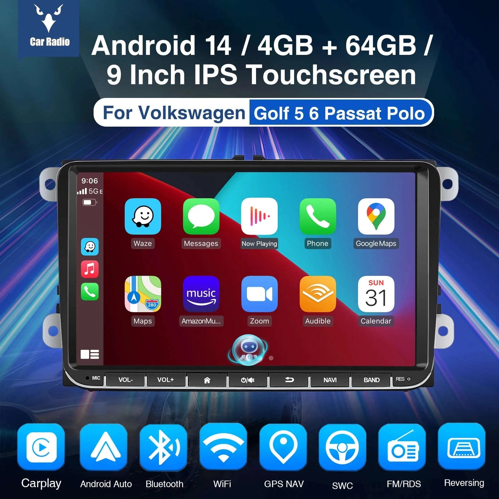 9" Android 14 4G+64G Wireless Carplay Car Stereo GPS NAVI WIFI RDS FM BT EQ for VW Golf 5 6 Passat Polo Touran Tiguan Caddy EOS-1-32 Carplay AHD Cam / United States / Quad Core