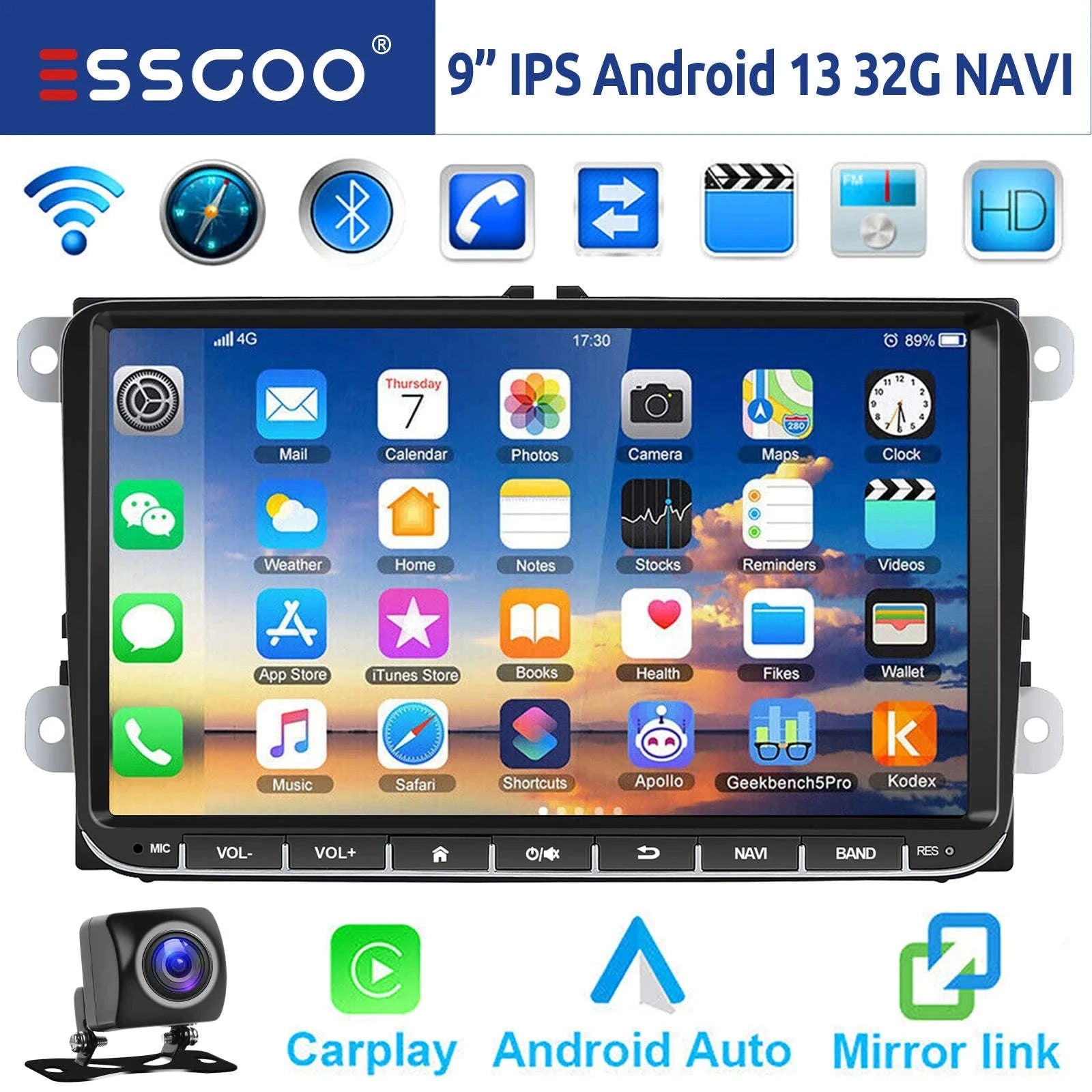 9" Android 14 4G+64G Wireless Carplay Car Stereo GPS NAVI WIFI RDS FM BT EQ for VW Golf 5 6 Passat Polo Touran Tiguan Caddy EOS-1-32 Carplay AHD Cam / United States / Quad Core