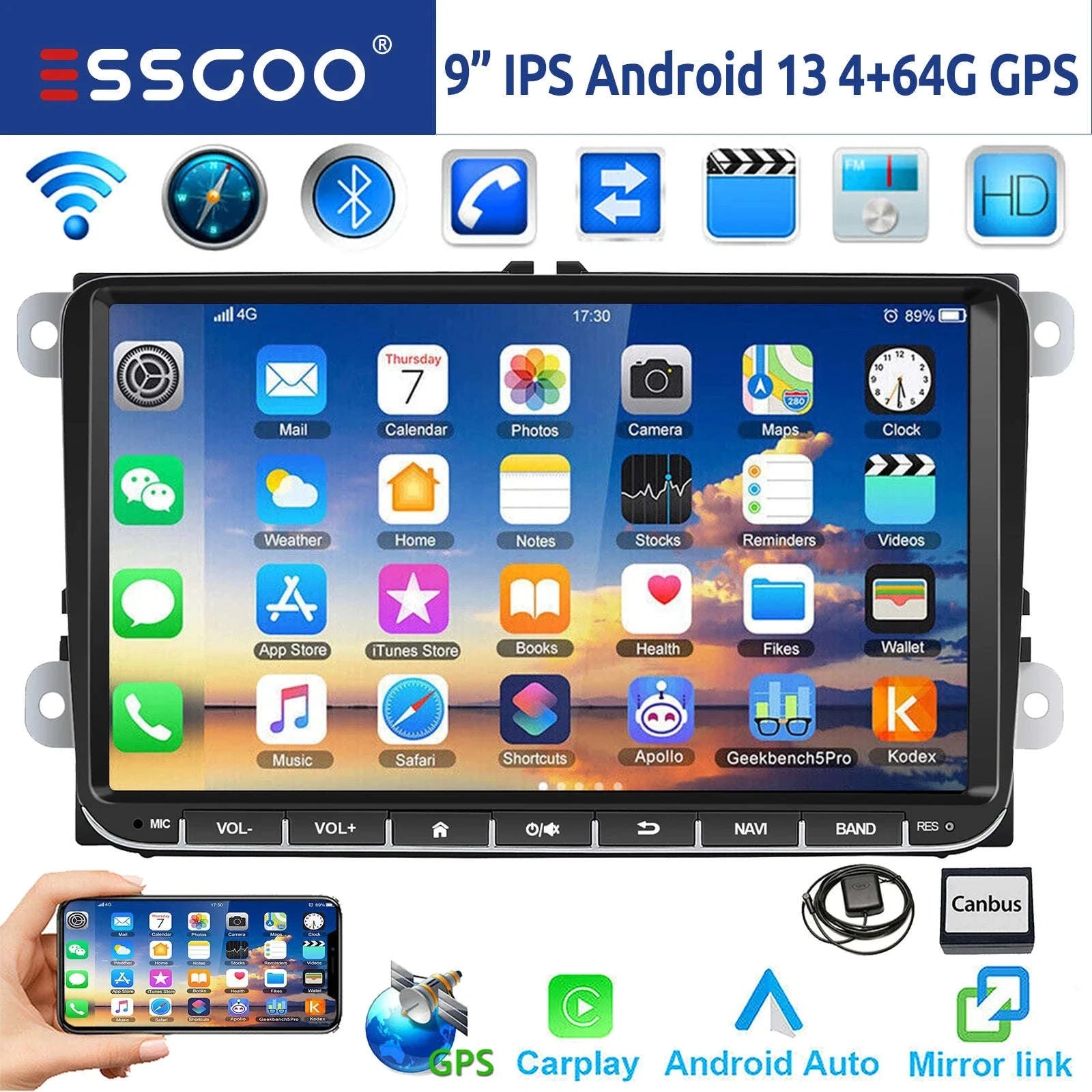 9" Android 14 4G+64G Wireless Carplay Car Stereo GPS NAVI WIFI RDS FM BT EQ for VW Golf 5 6 Passat Polo Touran Tiguan Caddy EOS-1-32 Carplay AHD Cam / United States / Quad Core