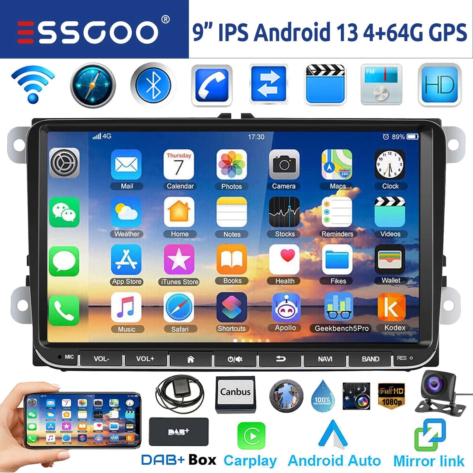 9" Android 14 4G+64G Wireless Carplay Car Stereo GPS NAVI WIFI RDS FM BT EQ for VW Golf 5 6 Passat Polo Touran Tiguan Caddy EOS-1-32 Carplay AHD Cam / United States / Quad Core