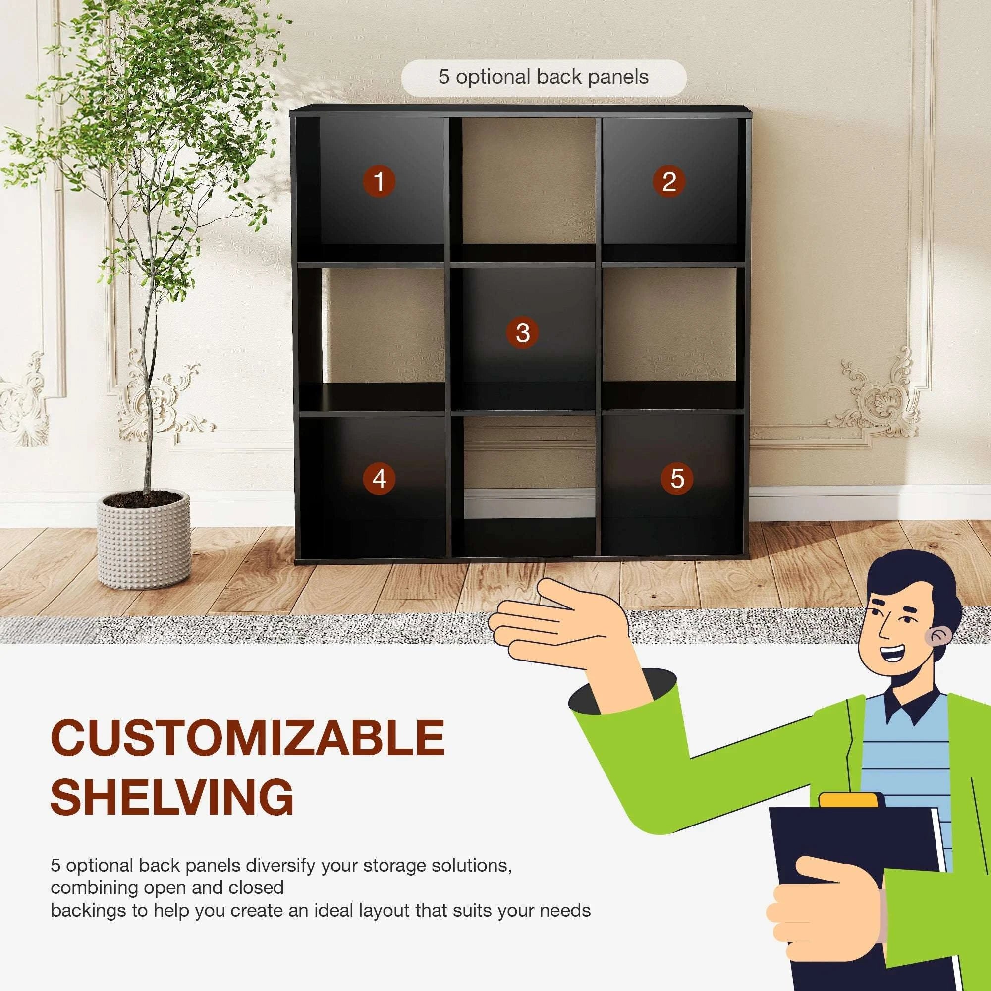 9 Cube Storage Organizer Wooden Bookcase Shelf for Home-6-Cube Black / United States