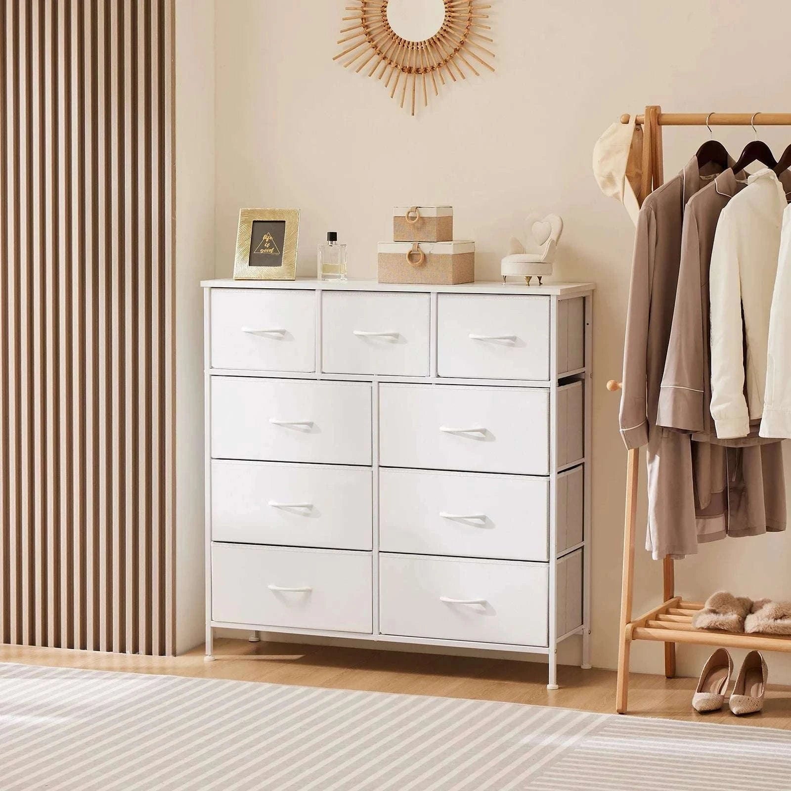 9-Drawer Fabric Dresser with Metal Frame Tall Bedroom Organizer-WHITE / United States