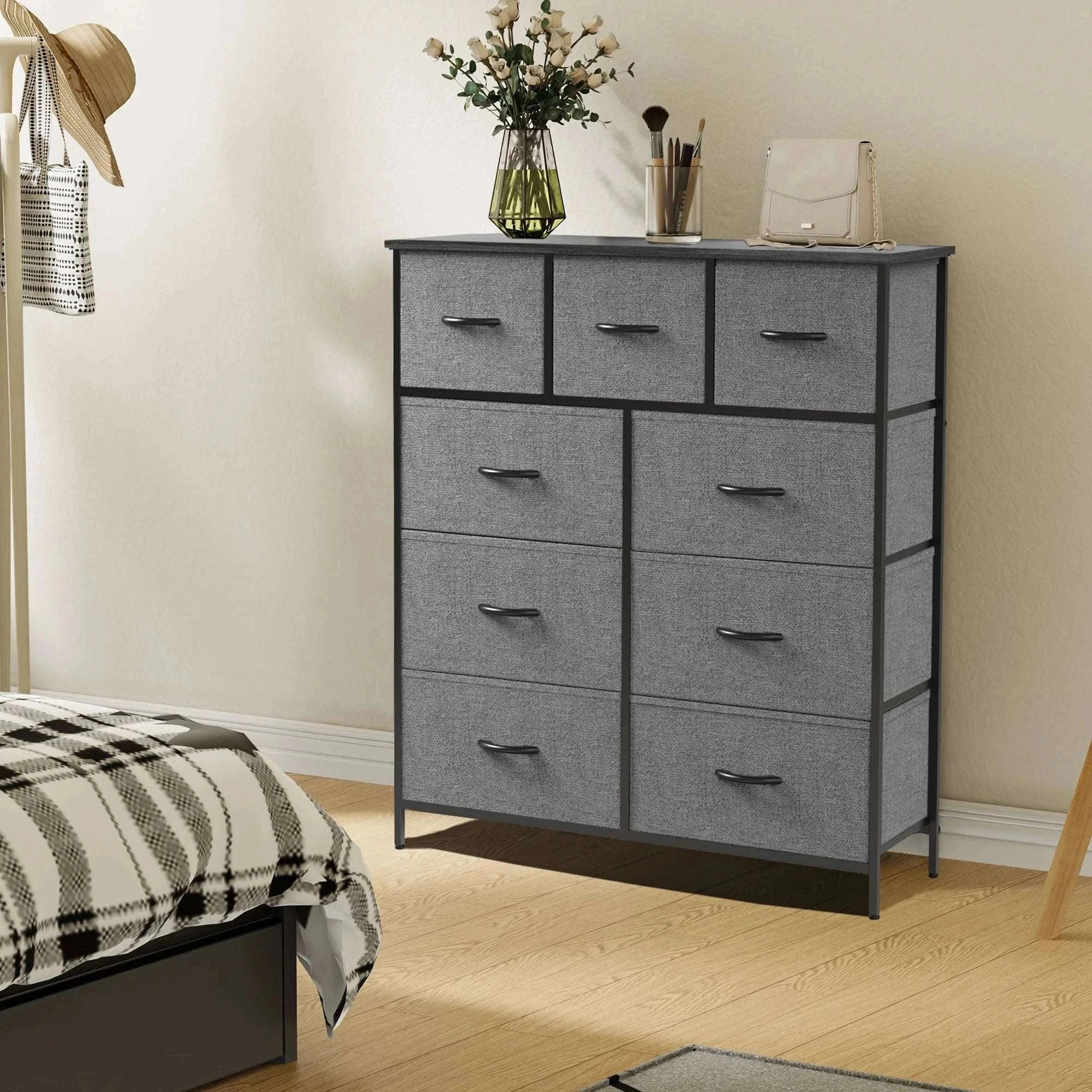 9-Drawer Fabric Dresser with Metal Frame Tall Bedroom Organizer-WHITE / United States