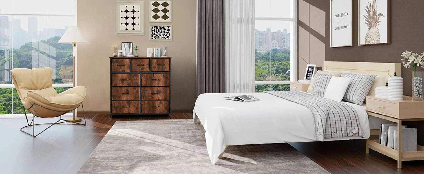 9-Drawer Fabric Dresser with Metal Frame Tall Bedroom Organizer-WHITE / United States