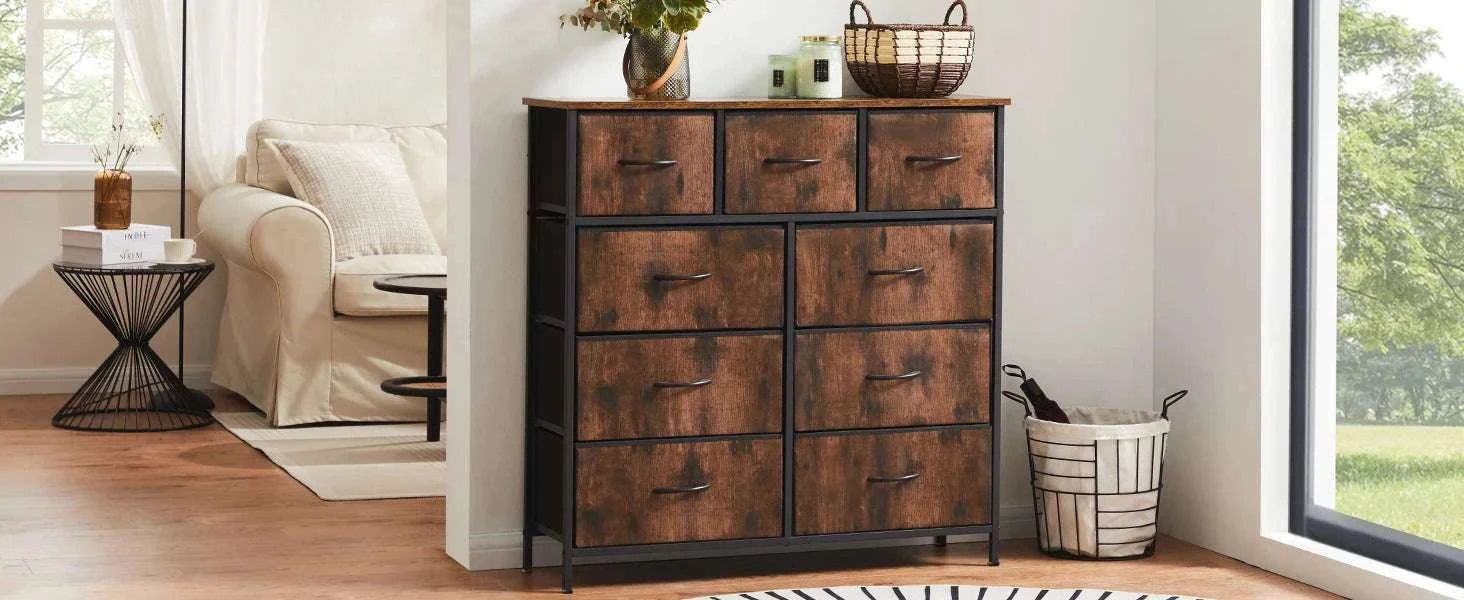 9-Drawer Fabric Dresser with Metal Frame Tall Bedroom Organizer-WHITE / United States
