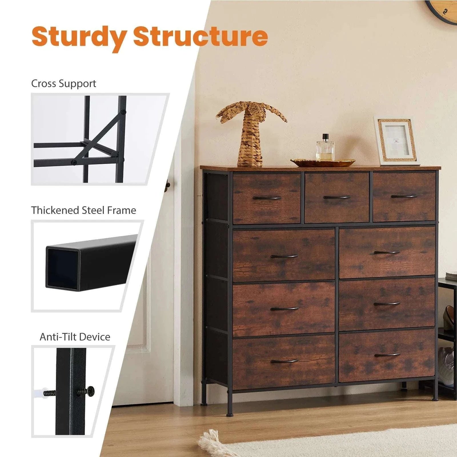 9-Drawer Fabric Dresser with Metal Frame Tall Bedroom Organizer-WHITE / United States