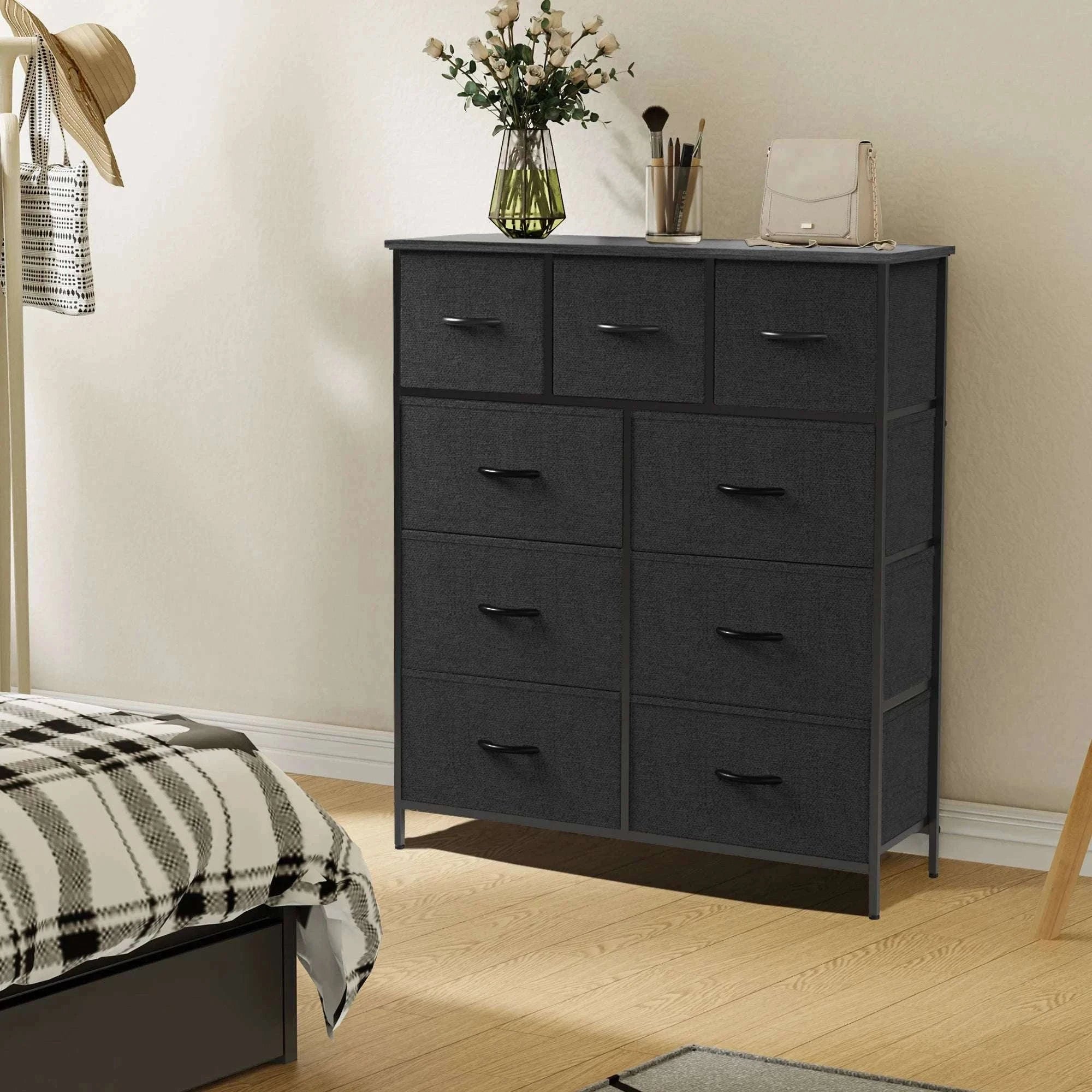 9-Drawer Fabric Dresser with Metal Frame Tall Bedroom Organizer-WHITE / United States