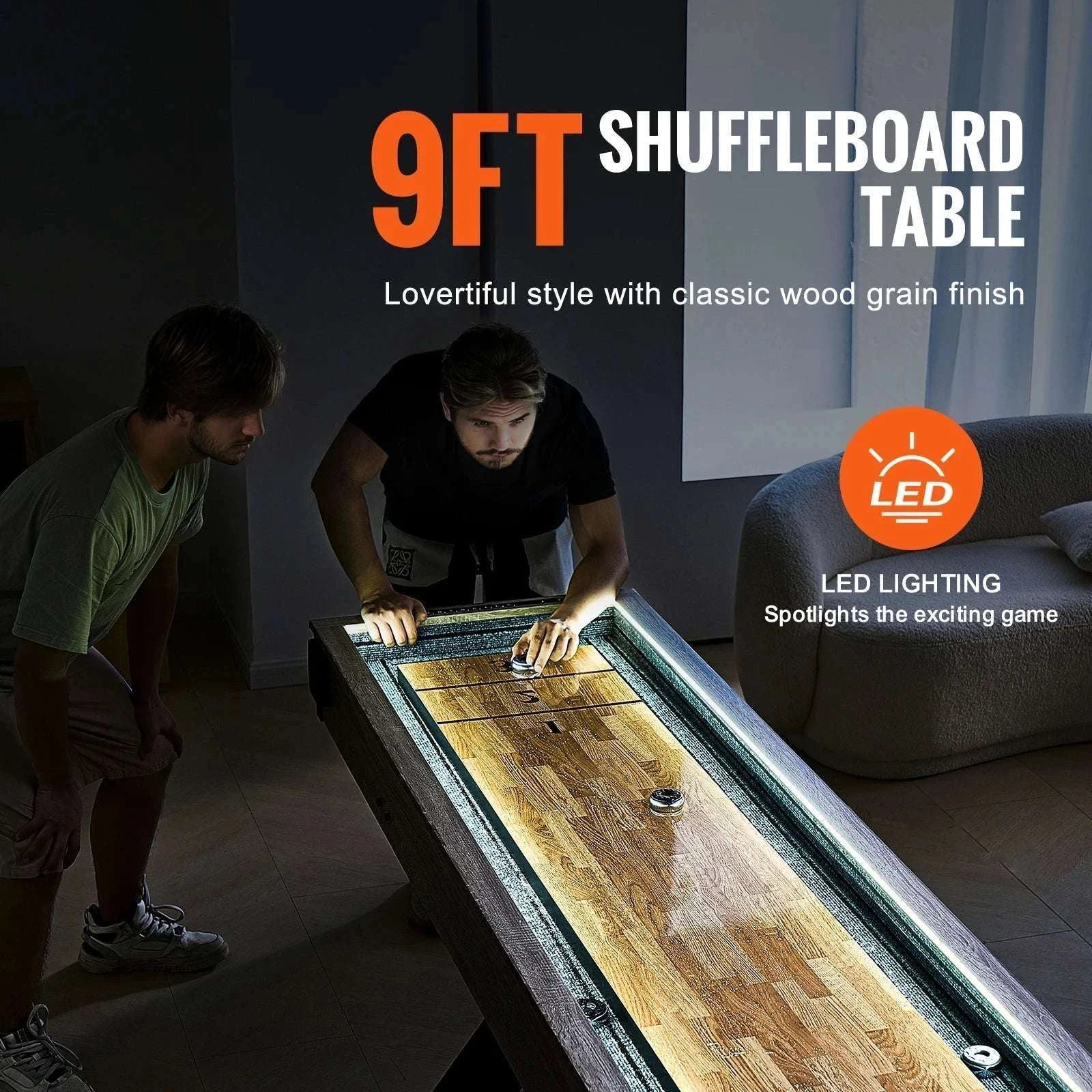 9 Ft LED Shuffleboard Table with Bowling Game 2-in-1 Set-9in / United States