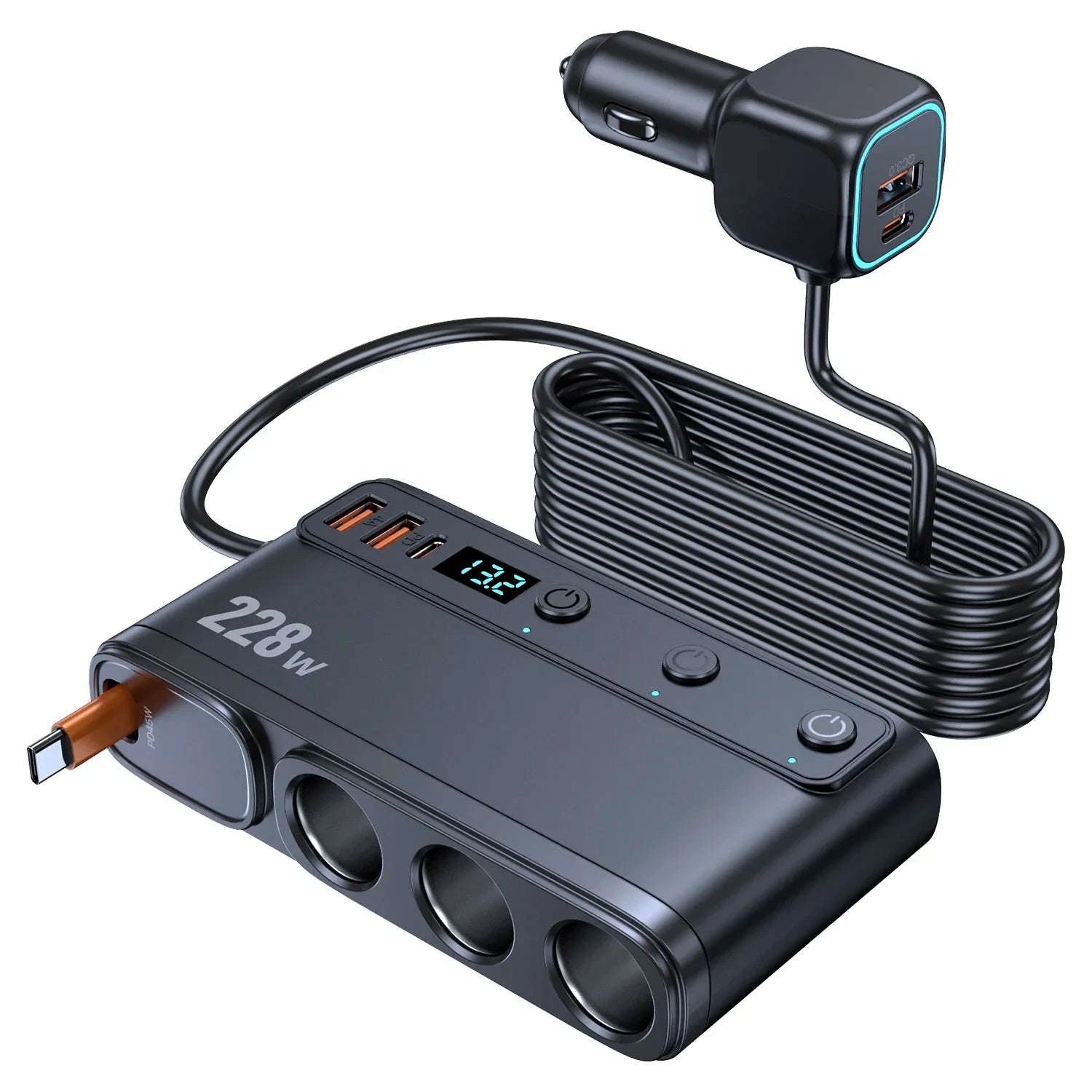 9-in-1 Car Charger Adapter 228W with 3 Sockets and Fast Charging-GC06