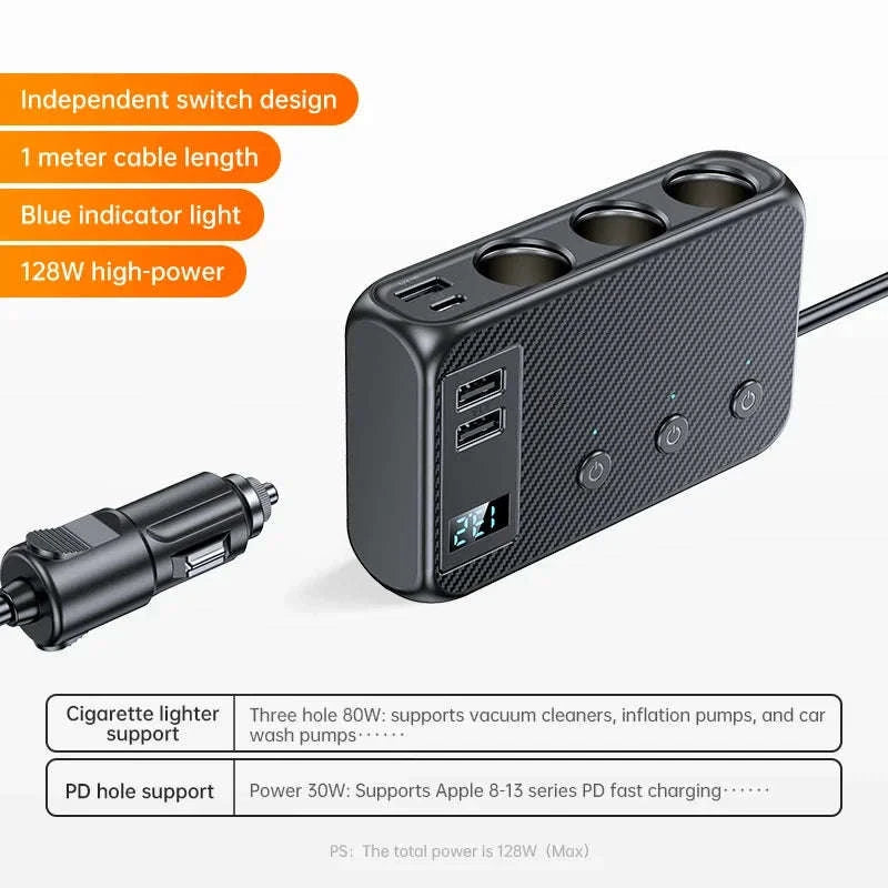 9-in-1 Car Charger Adapter 228W with 3 Sockets and Fast Charging-GC06