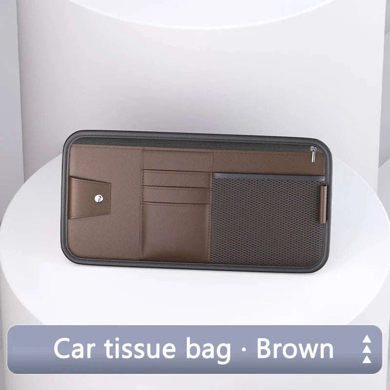 9 in 1 Sun Visor Organizer for Car PU Leather Zipper Storage Bag-GRAY