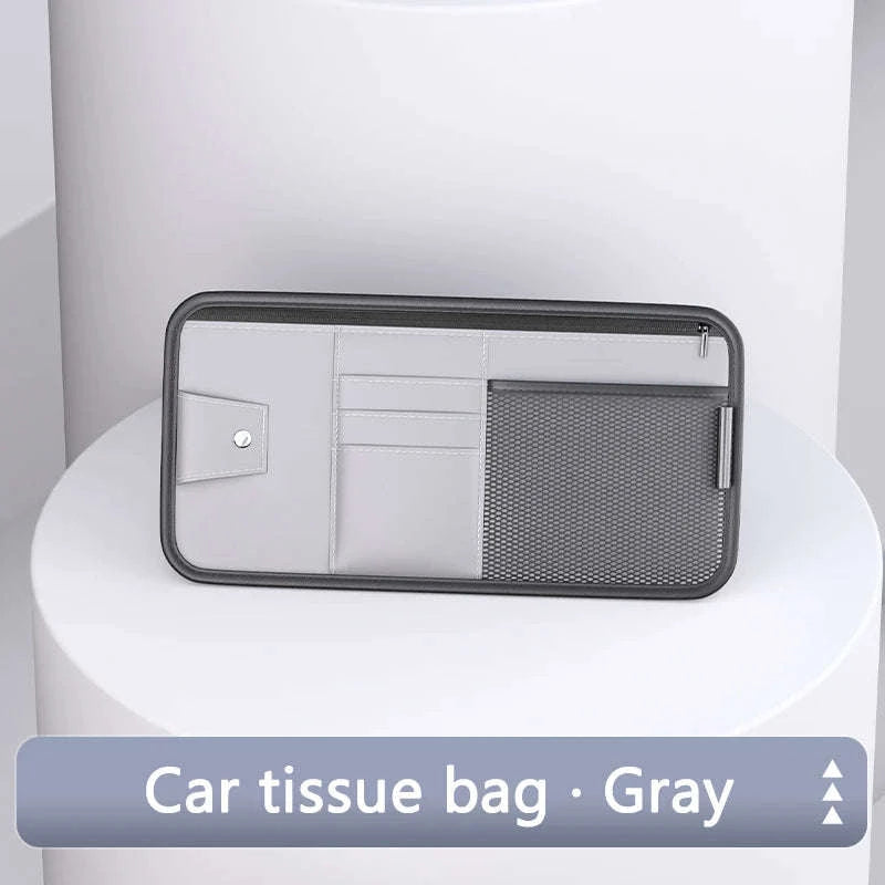 9 in 1 Sun Visor Organizer for Car PU Leather Zipper Storage Bag-GRAY