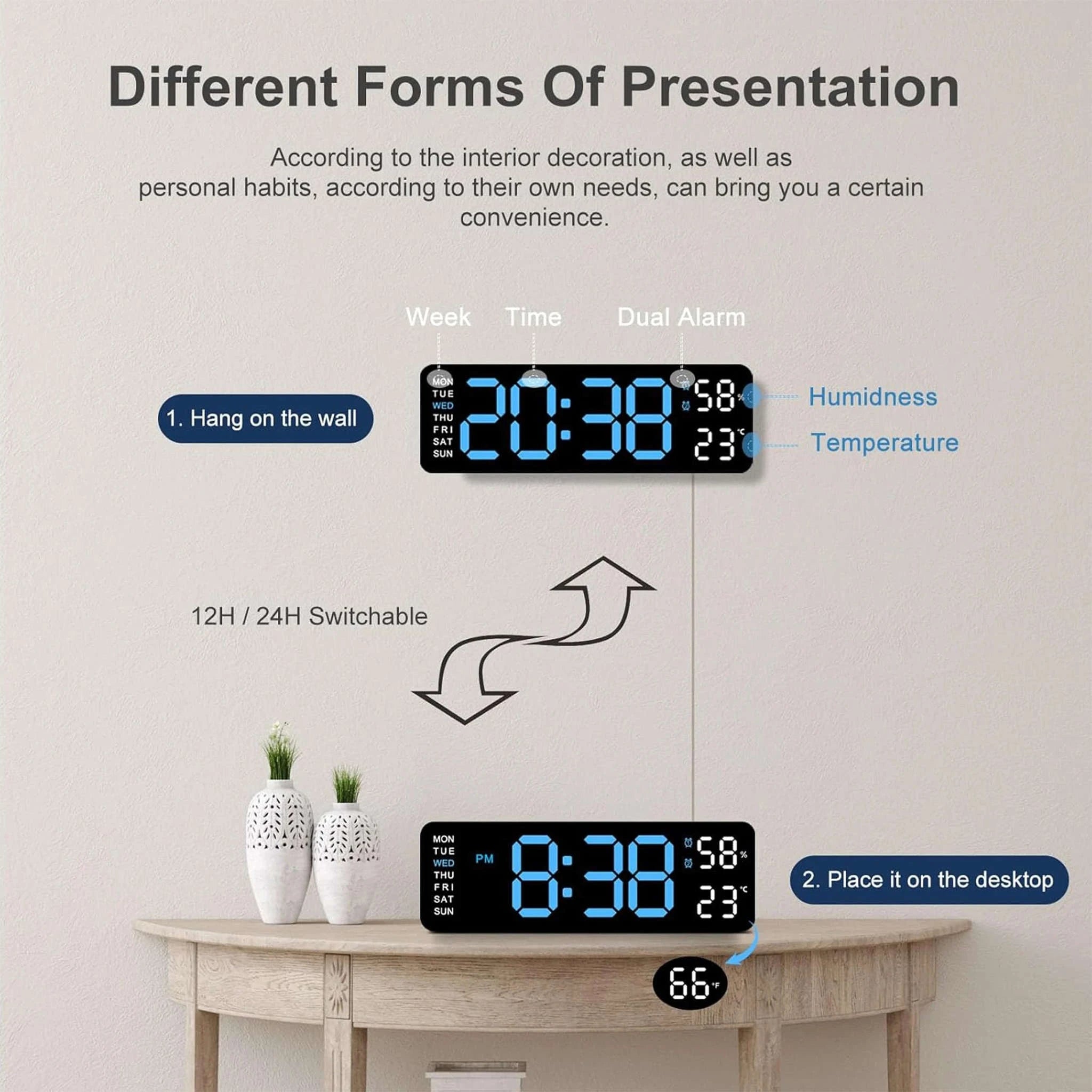 9" LED Digital Wall Clock with Temperature, Humidity & Weekday Display-Green / United States