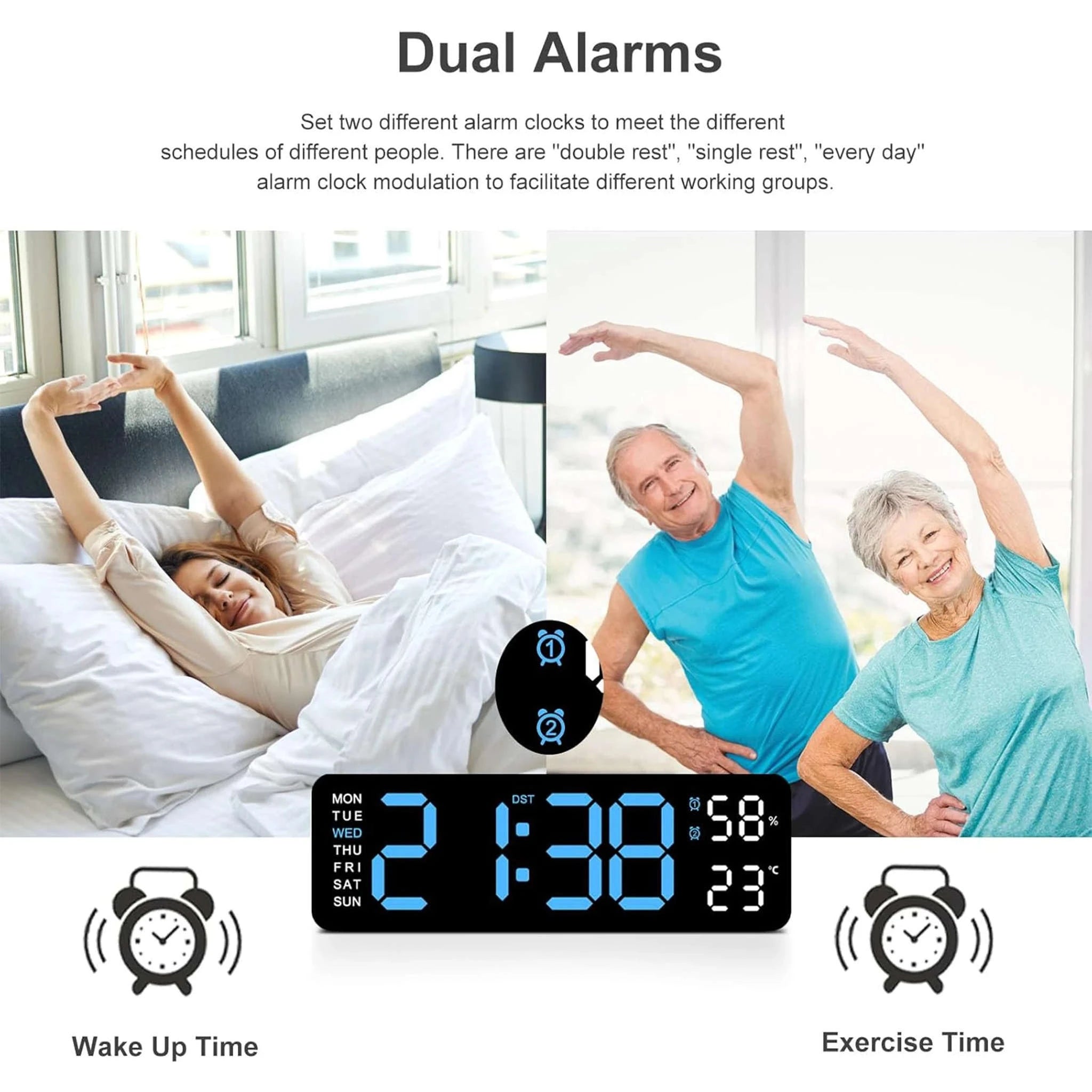 9" LED Digital Wall Clock with Temperature, Humidity & Weekday Display-Green / United States