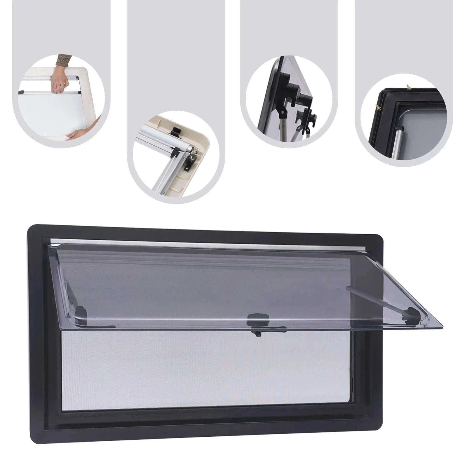 900x500mm Caravan Ventilation Window with Blind and Screen-Black / spain