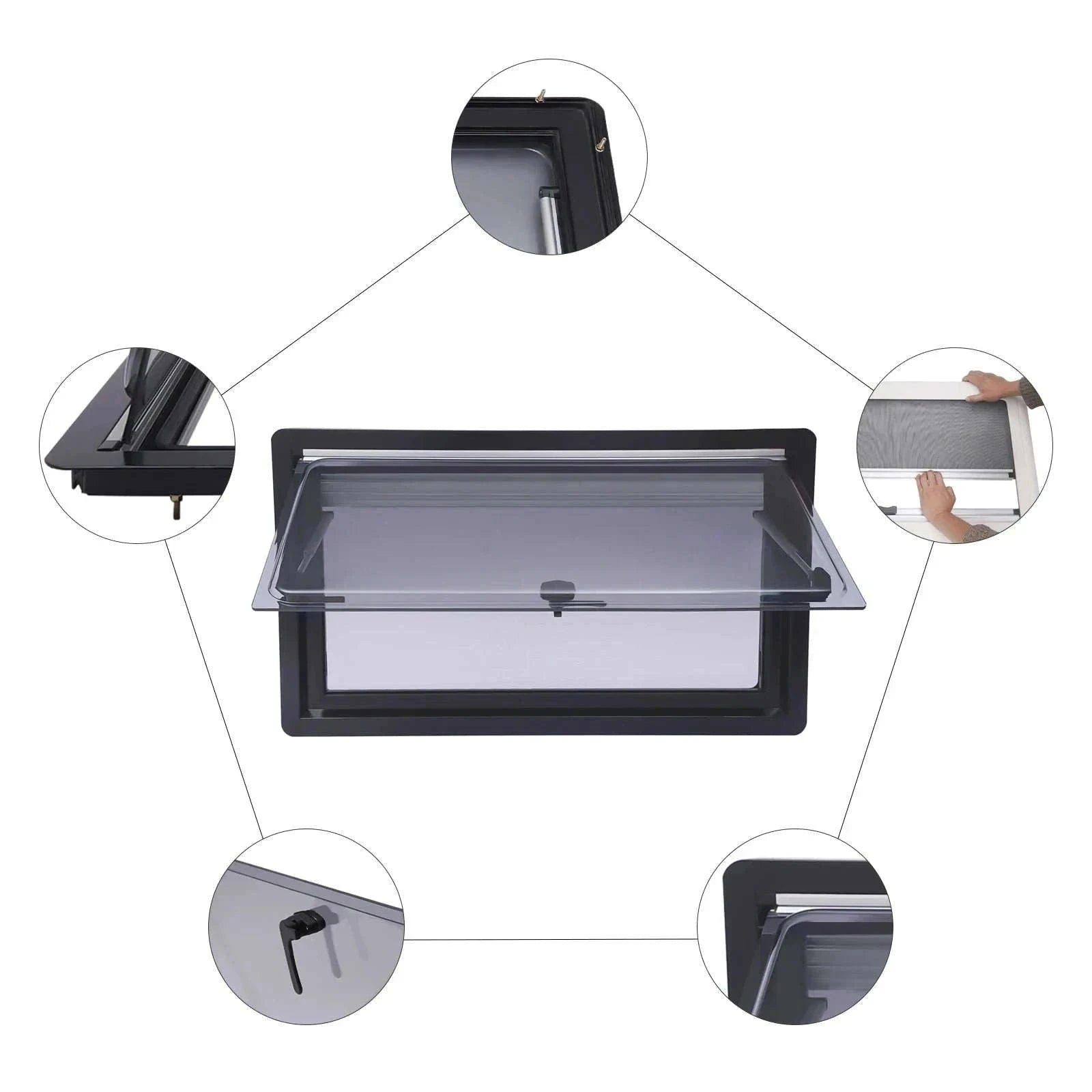 900x500mm Caravan Ventilation Window with Blind and Screen-Black / spain