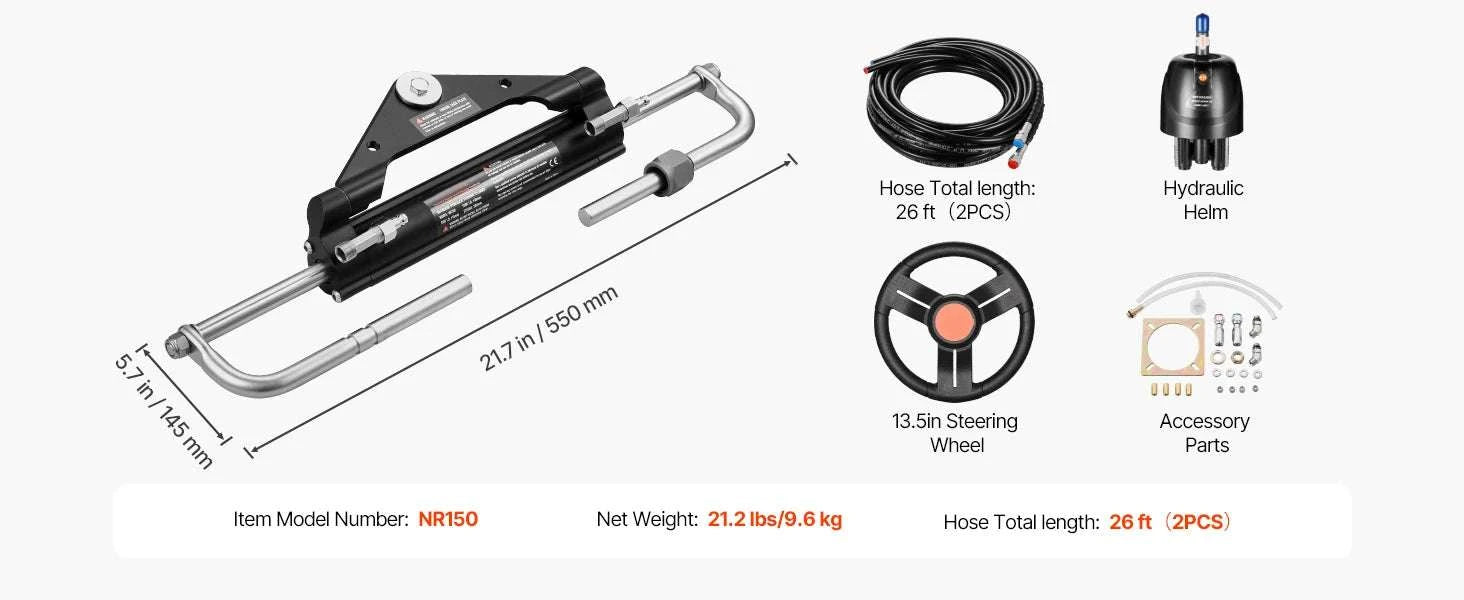 90HP Hydraulic Outboard Steering Kit with Helm, Cylinder & 26ft Hoses-90HP / United States