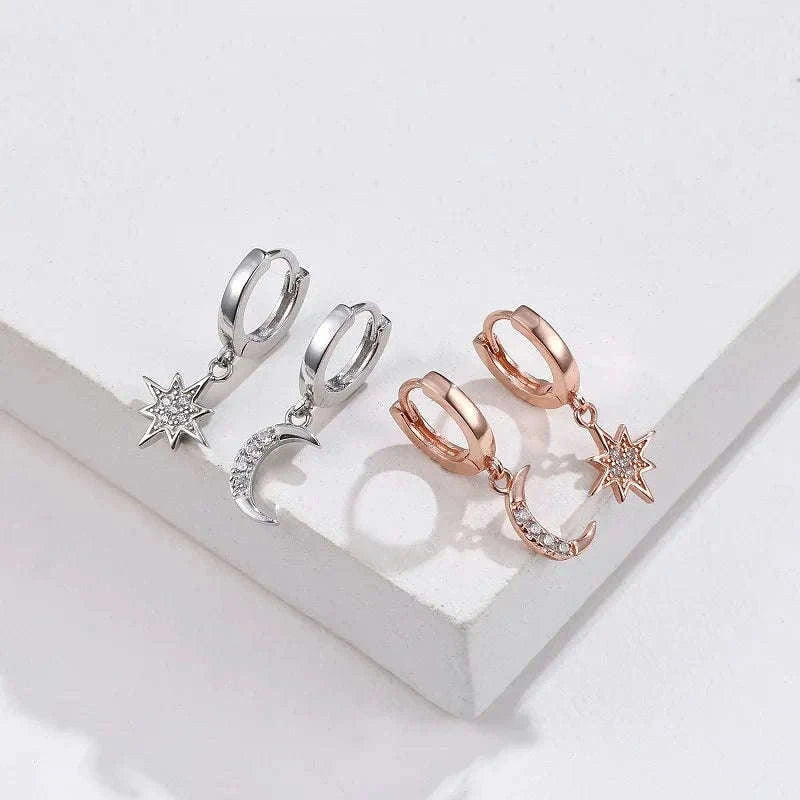 925 Sterling Silver CZ Star Moon Asymmetric Hoop Earrings-30HLZY4617-01