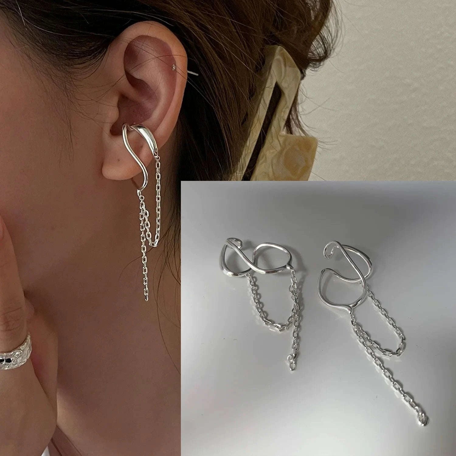 925 Sterling Silver CZ Star Moon Asymmetric Hoop Earrings-30HLZY4617-01