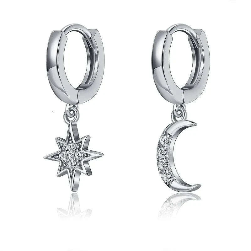 925 Sterling Silver CZ Star Moon Asymmetric Hoop Earrings-30HLZY4617-01