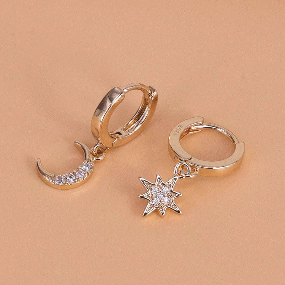 925 Sterling Silver CZ Star Moon Asymmetric Hoop Earrings-30HLZY4617-01