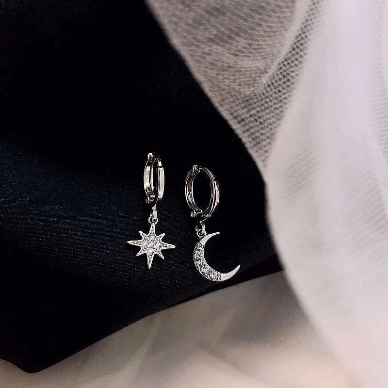 925 Sterling Silver CZ Star Moon Asymmetric Hoop Earrings-30HLZY4617-01