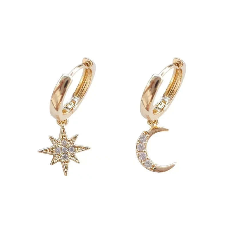 925 Sterling Silver CZ Star Moon Asymmetric Hoop Earrings-30HLZY4617-01