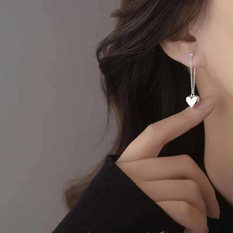 925 Sterling Silver Heart Chain Earrings for Women-Heart Chain Earring