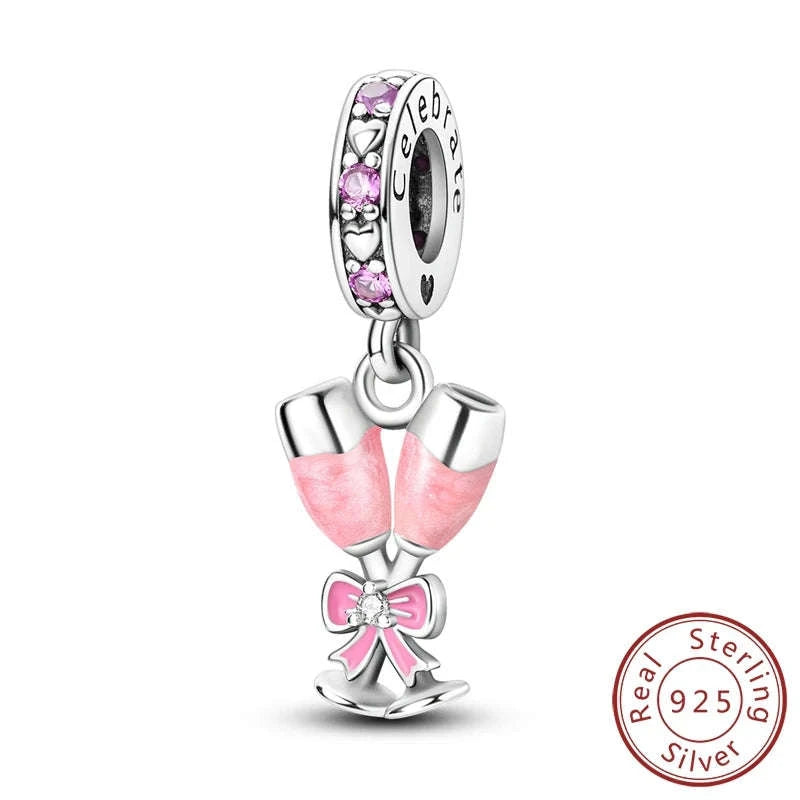 925 Sterling Silver Pink Bow Perfume Bottle Charm Bead-KTC685