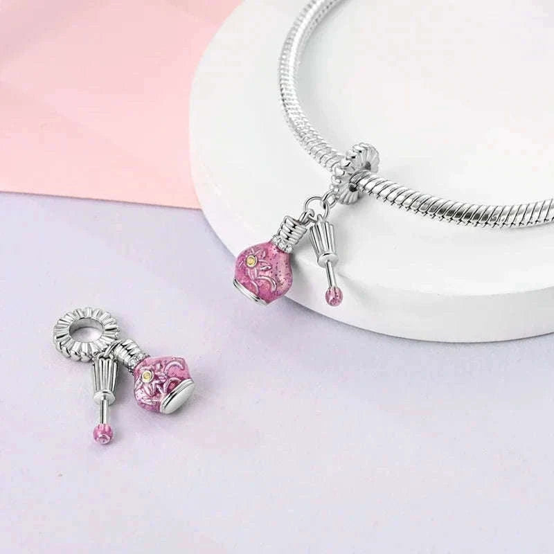 925 Sterling Silver Pink Bow Perfume Bottle Charm Bead-KTC685