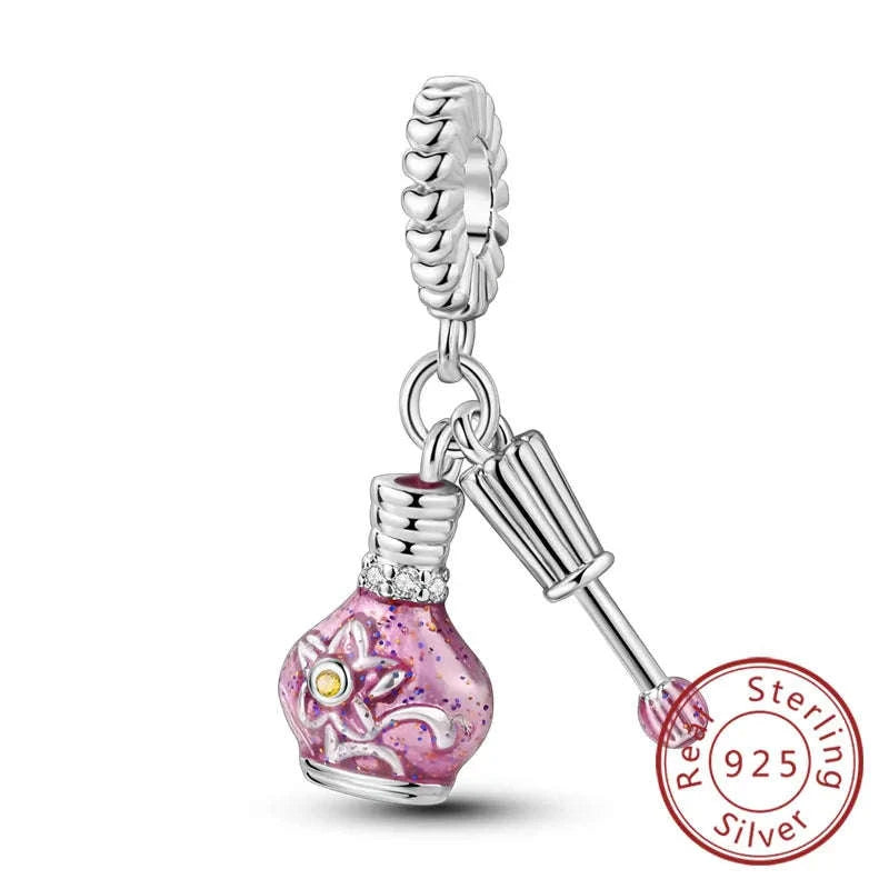925 Sterling Silver Pink Bow Perfume Bottle Charm Bead-KTC685