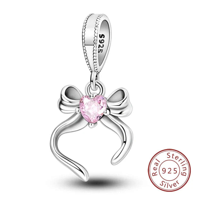 925 Sterling Silver Pink Bow Perfume Bottle Charm Bead-KTC685