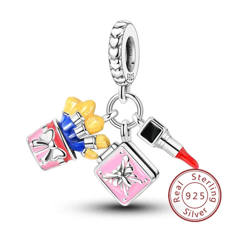 925 Sterling Silver Pink Bow Perfume Bottle Charm Bead-KTC685