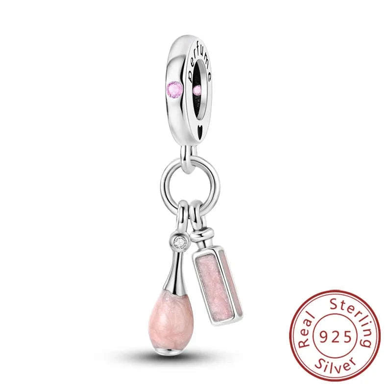 925 Sterling Silver Pink Bow Perfume Bottle Charm Bead-KTC685