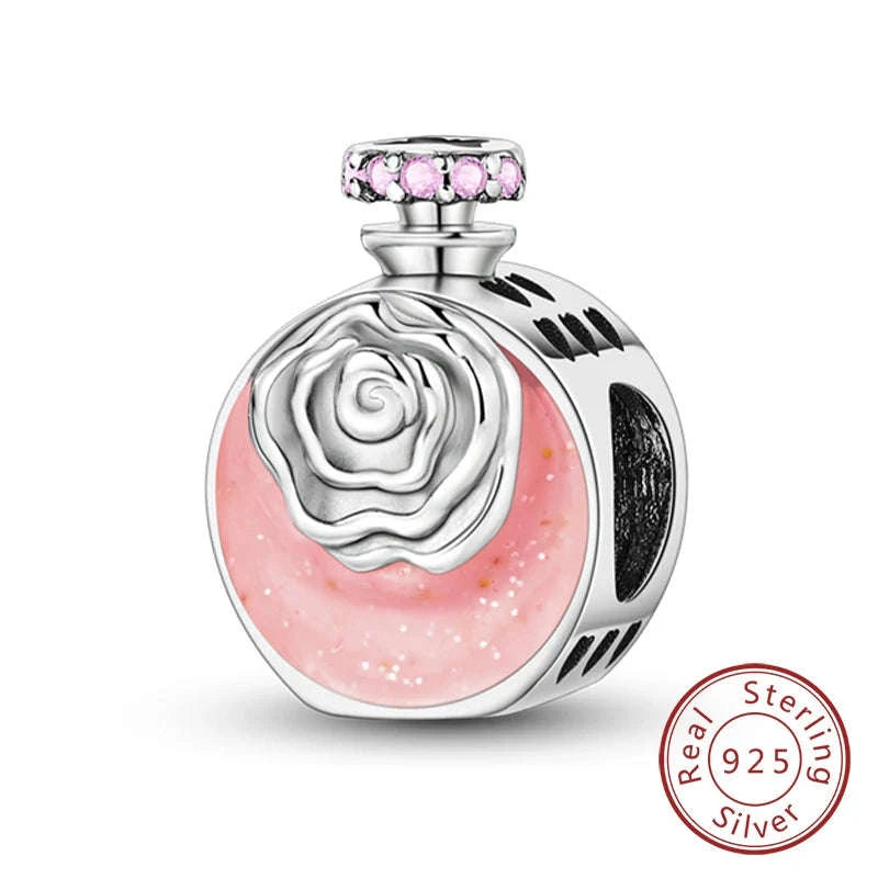 925 Sterling Silver Pink Bow Perfume Bottle Charm Bead-KTC685