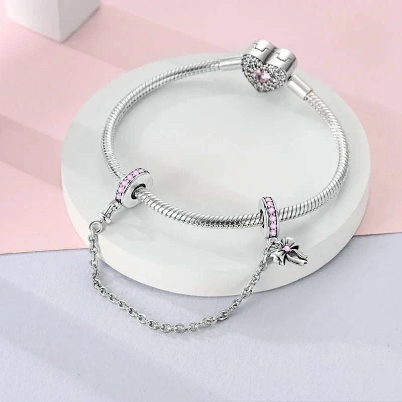 925 Sterling Silver Pink Bow Perfume Bottle Charm Bead-KTC685