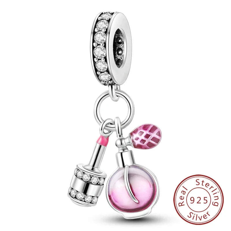 925 Sterling Silver Pink Bow Perfume Bottle Charm Bead-KTC685