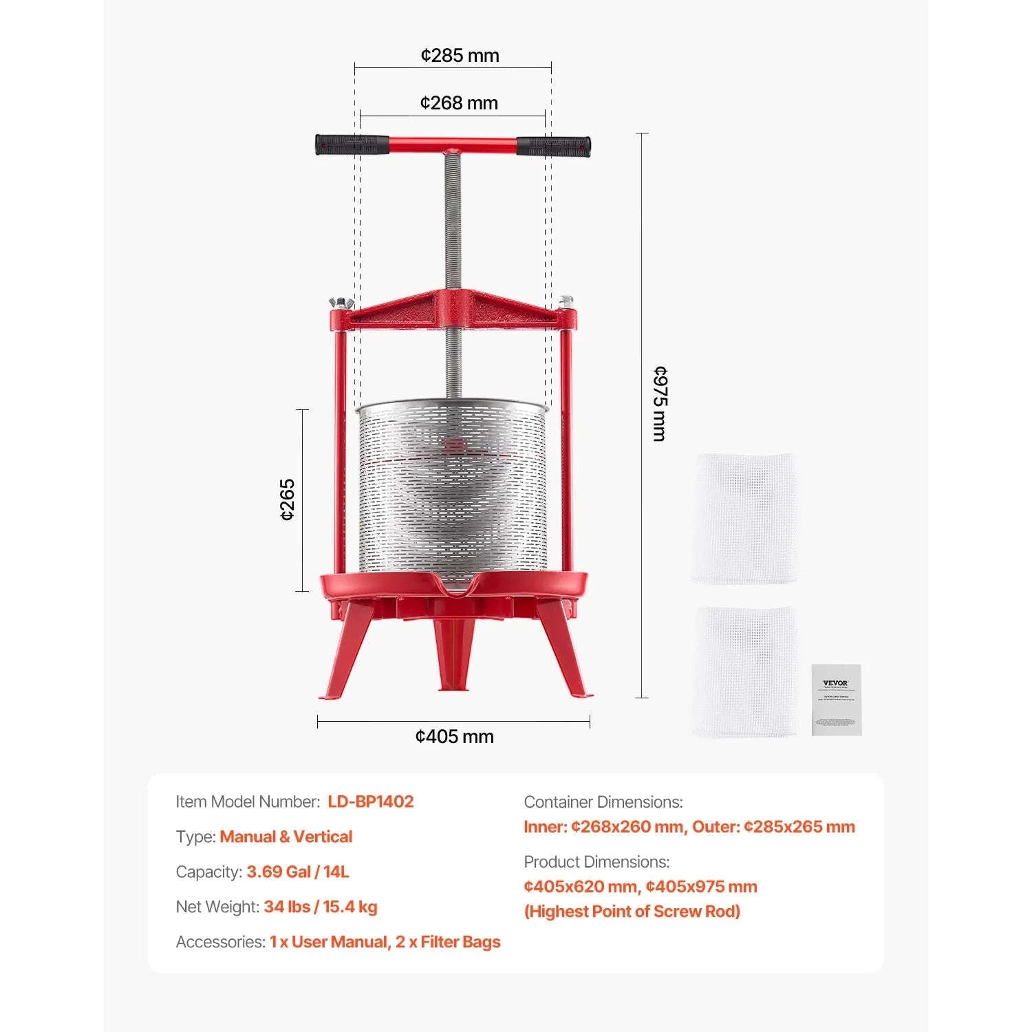 9L/14L Fruit Wine Press Stainless Steel Manual Juice Maker-14L / spain
