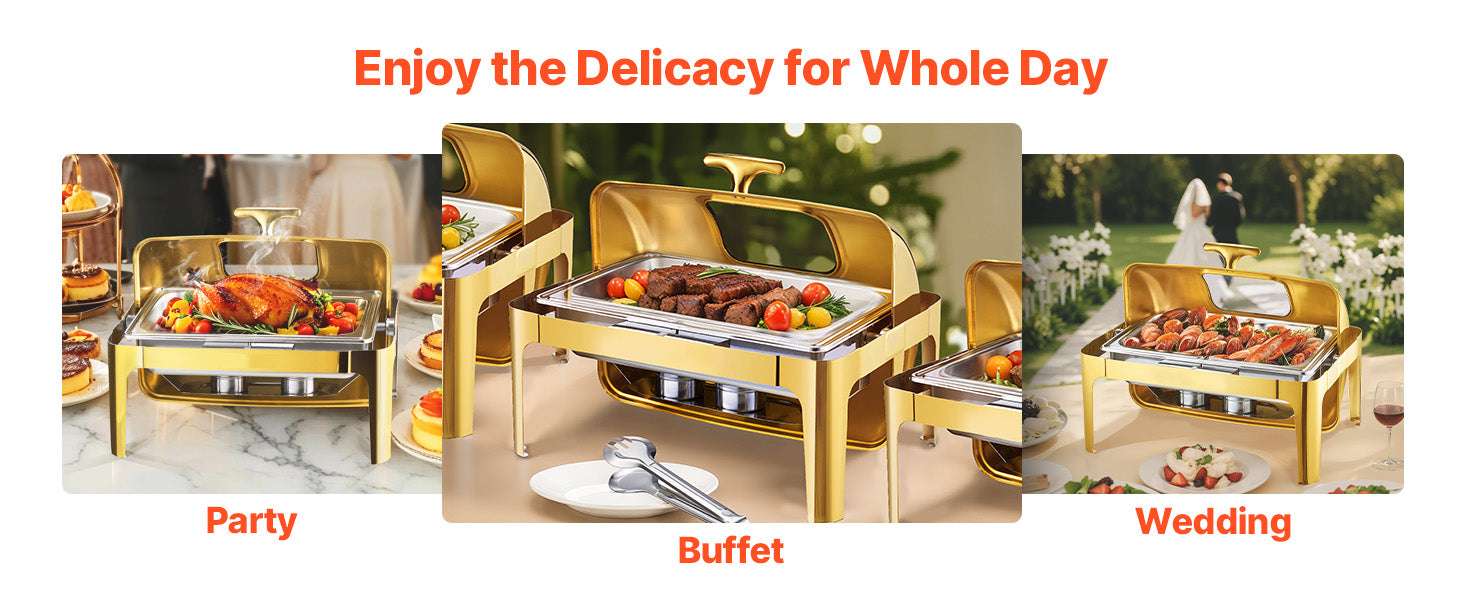 9Qt Roll Top Chafing Dish Set Stainless Steel Buffet Server-Silver Full Pan / United States