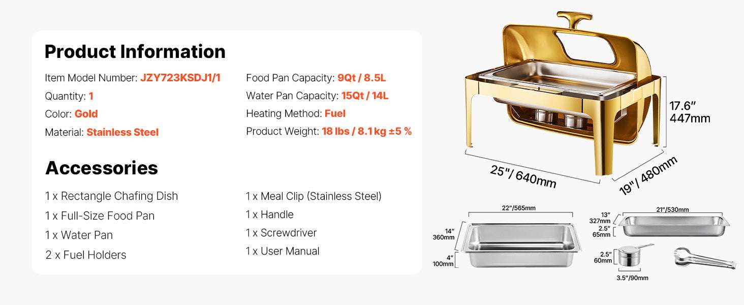 9Qt Roll Top Chafing Dish Set Stainless Steel Buffet Server-Silver Full Pan / United States
