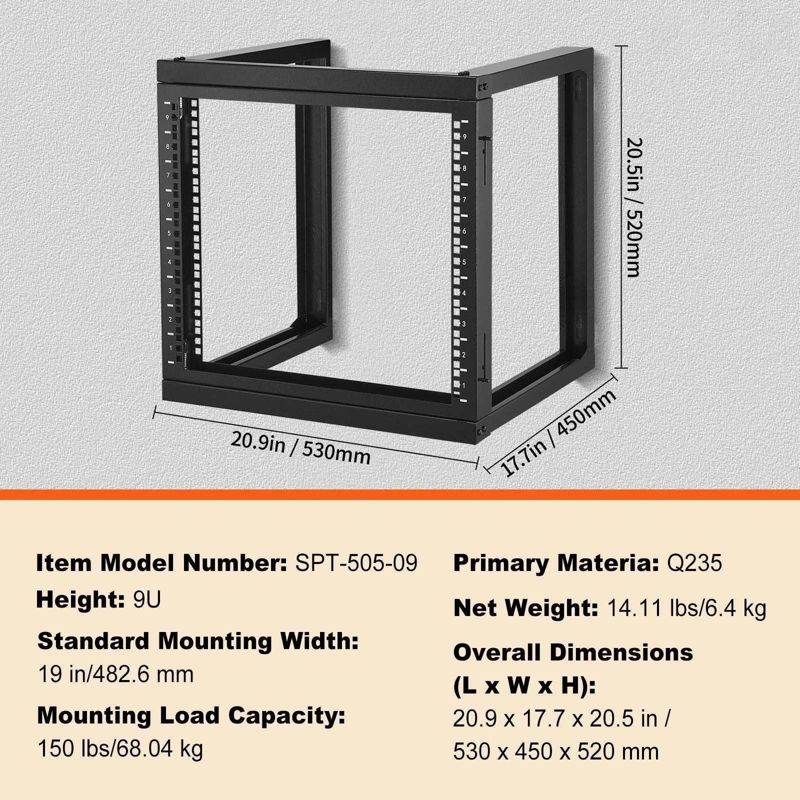 9U Wall Mount Server Rack 19 Inch Open Frame 150 lb Capacity-530 x 450 x 520 mm / spain