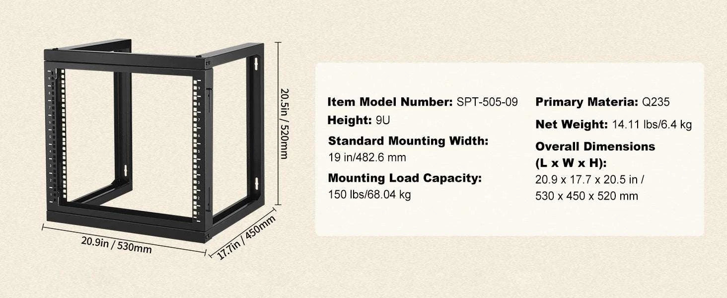 9U Wall Mount Server Rack 19 Inch Open Frame 150 lb Capacity-530 x 450 x 520 mm / spain