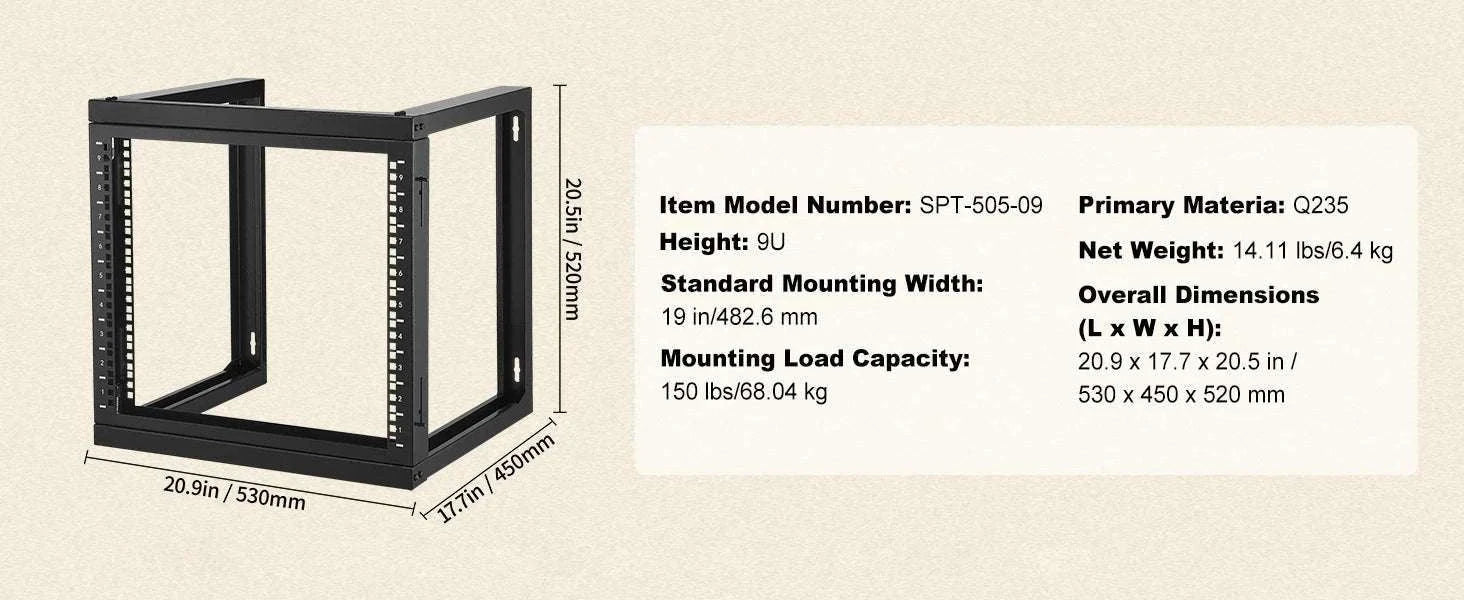 9U Wall Mount Server Rack 19 Inch Open Frame 150 lb Capacity-530 x 450 x 520 mm / spain