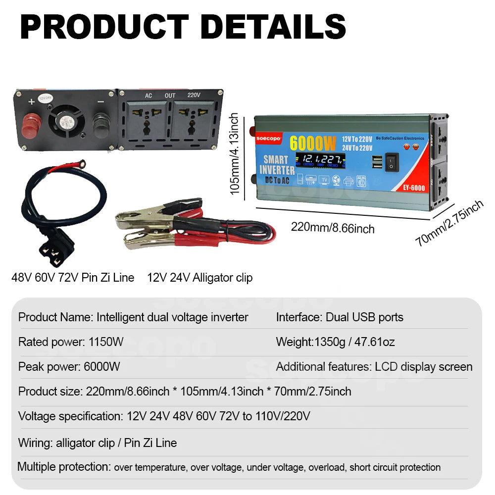 High-Efficiency 6000W Dual Voltage Power Inverter with LCD Display, Multi-Protection & Dual USB Ports
