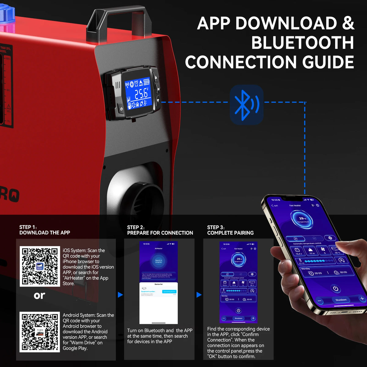 Calentador de aire diésel 8KW 12V/24V/240V con adaptador, panel LCD, aplicación y control remoto