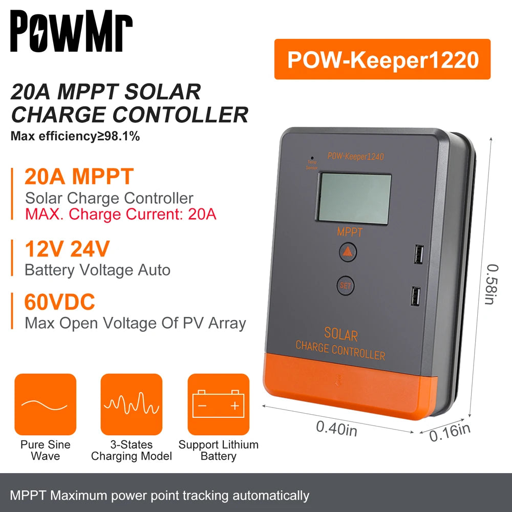 PowMr MPPT 100A 80A 60A 40A 30A 30A 20A Solar Charger Controller LCD Work With 12V 24V 36V 48V Lead-acid Lifepo4 Battery Solar Panel
