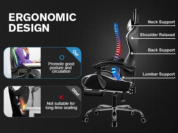 Gaming Chair with Footrest, Lumbar Support & Headrest, Swivel Seat